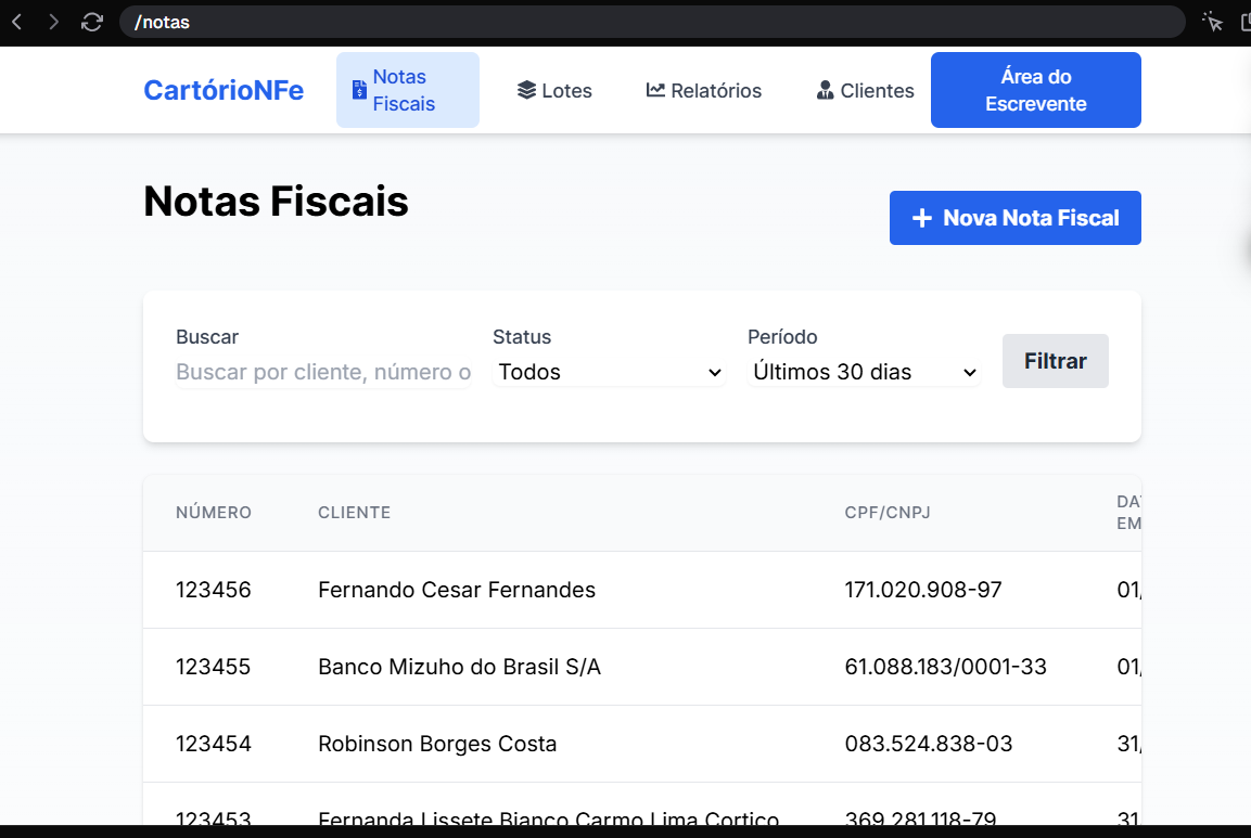 Sistema web Cartório NFe para gestão de notas fiscais eletrônicas desenvolvido em Natal RN